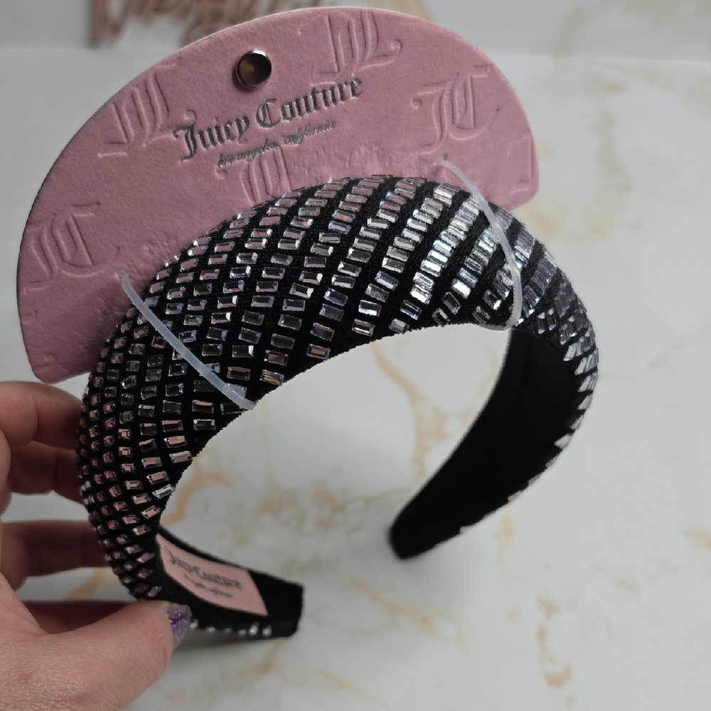 Juicy Couture Black Headband with Silver Embellished Grid New